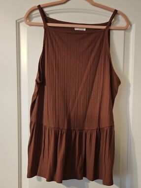Brown Ribbed Sleeveless Peplum Top